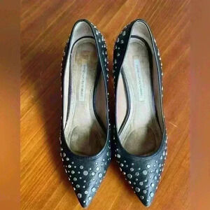 Diane Von Furstenberg Alina black, silver studded, pointy toe heels; size 9